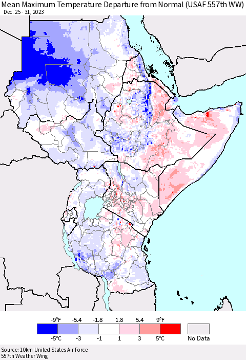 Eastern Africa Mean Maximum Temperature Departure from Normal (USAF 557th WW) Thematic Map For 12/25/2023 - 12/31/2023