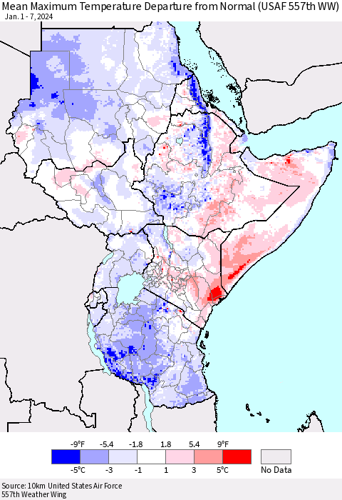 Eastern Africa Mean Maximum Temperature Departure from Normal (USAF 557th WW) Thematic Map For 1/1/2024 - 1/7/2024