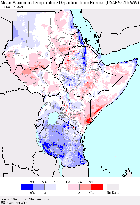 Eastern Africa Mean Maximum Temperature Departure from Normal (USAF 557th WW) Thematic Map For 1/8/2024 - 1/14/2024