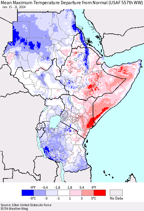 Eastern Africa Mean Maximum Temperature Departure from Normal (USAF 557th WW) Thematic Map For 1/15/2024 - 1/21/2024