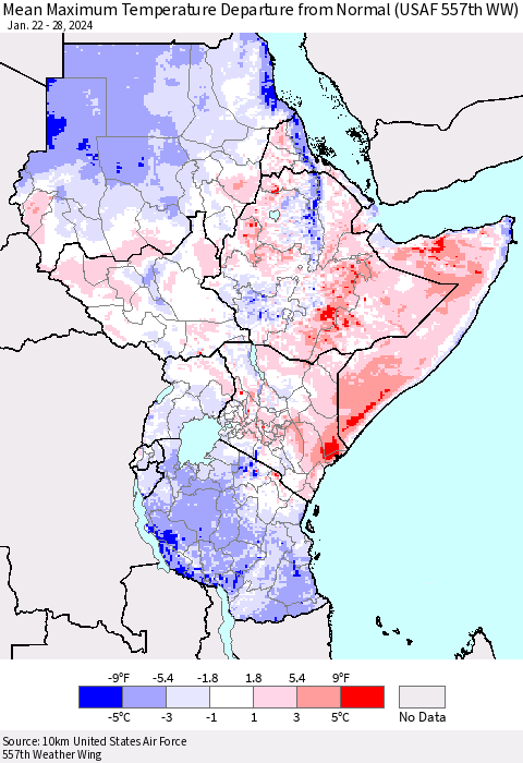 Eastern Africa Mean Maximum Temperature Departure from Normal (USAF 557th WW) Thematic Map For 1/22/2024 - 1/28/2024