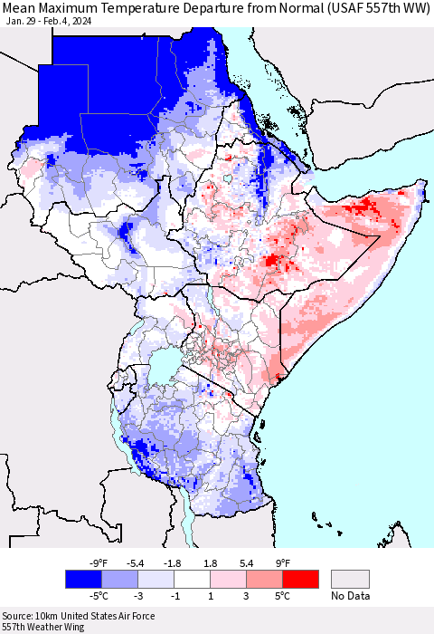 Eastern Africa Mean Maximum Temperature Departure from Normal (USAF 557th WW) Thematic Map For 1/29/2024 - 2/4/2024