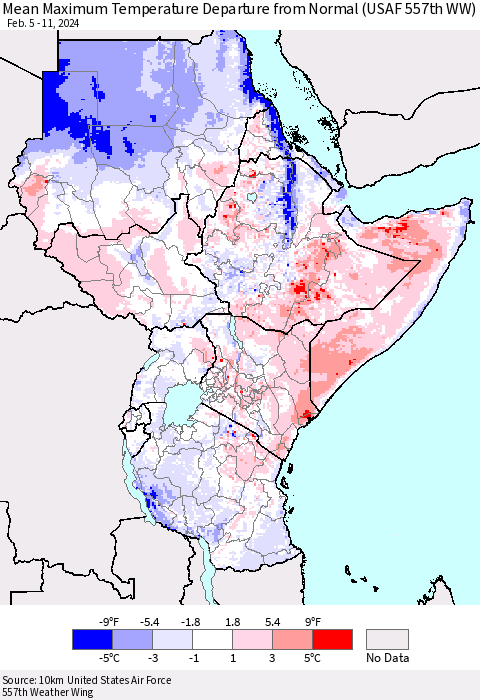 Eastern Africa Mean Maximum Temperature Departure from Normal (USAF 557th WW) Thematic Map For 2/5/2024 - 2/11/2024