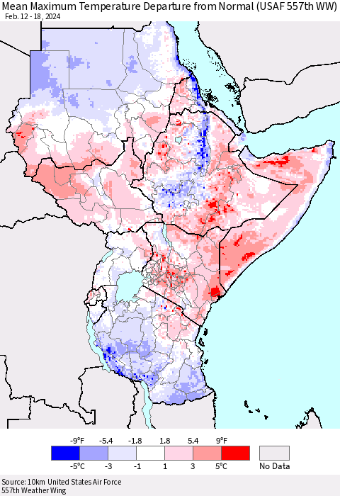Eastern Africa Mean Maximum Temperature Departure from Normal (USAF 557th WW) Thematic Map For 2/12/2024 - 2/18/2024