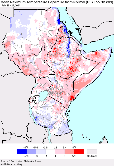 Eastern Africa Mean Maximum Temperature Departure from Normal (USAF 557th WW) Thematic Map For 2/19/2024 - 2/25/2024