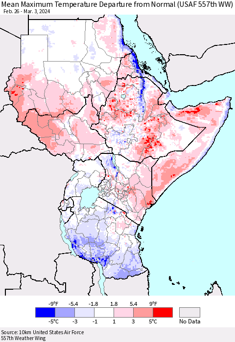 Eastern Africa Mean Maximum Temperature Departure from Normal (USAF 557th WW) Thematic Map For 2/26/2024 - 3/3/2024
