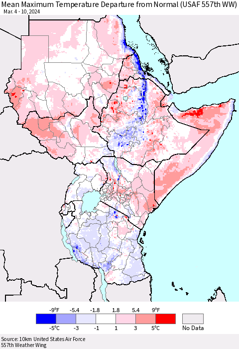 Eastern Africa Mean Maximum Temperature Departure from Normal (USAF 557th WW) Thematic Map For 3/4/2024 - 3/10/2024