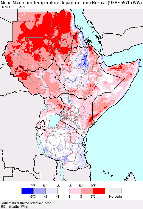 Eastern Africa Mean Maximum Temperature Departure from Normal (USAF 557th WW) Thematic Map For 3/11/2024 - 3/17/2024