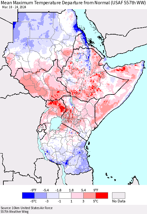 Eastern Africa Mean Maximum Temperature Departure from Normal (USAF 557th WW) Thematic Map For 3/18/2024 - 3/24/2024
