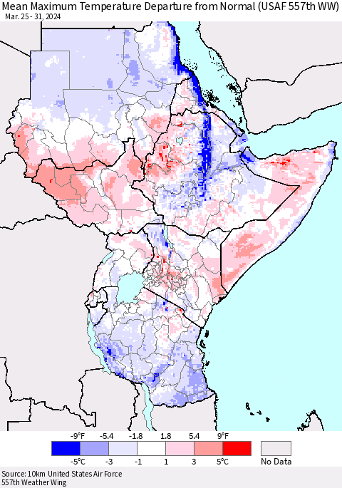 Eastern Africa Mean Maximum Temperature Departure from Normal (USAF 557th WW) Thematic Map For 3/25/2024 - 3/31/2024