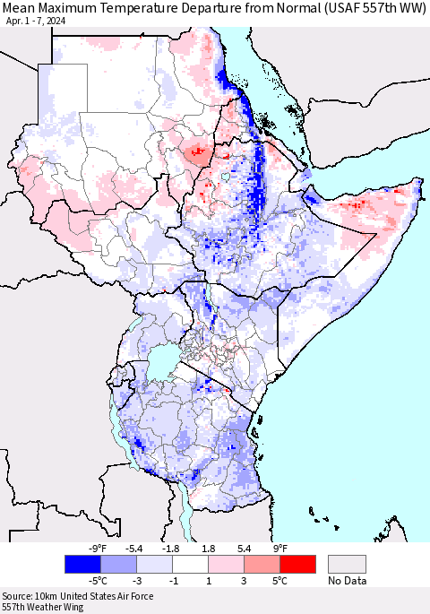 Eastern Africa Mean Maximum Temperature Departure from Normal (USAF 557th WW) Thematic Map For 4/1/2024 - 4/7/2024
