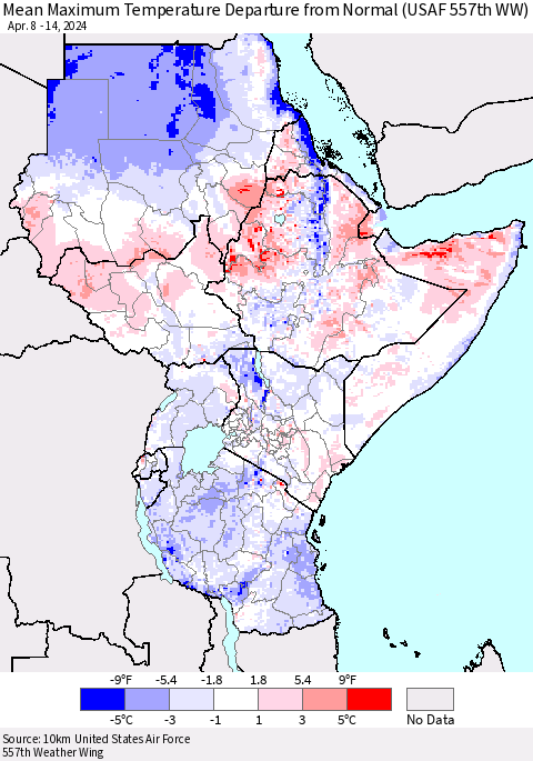 Eastern Africa Mean Maximum Temperature Departure from Normal (USAF 557th WW) Thematic Map For 4/8/2024 - 4/14/2024