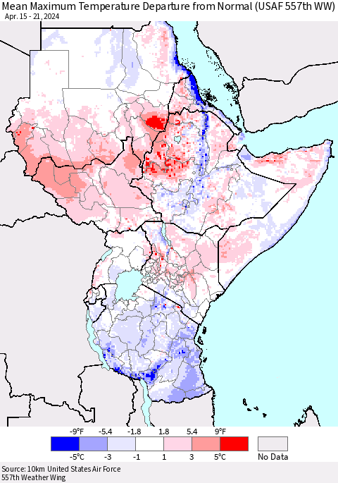 Eastern Africa Mean Maximum Temperature Departure from Normal (USAF 557th WW) Thematic Map For 4/15/2024 - 4/21/2024
