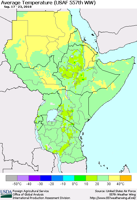 Eastern Africa Average Temperature (USAF 557th WW) Thematic Map For 9/17/2018 - 9/23/2018