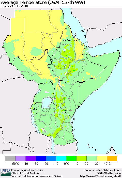 Eastern Africa Average Temperature (USAF 557th WW) Thematic Map For 9/24/2018 - 9/30/2018