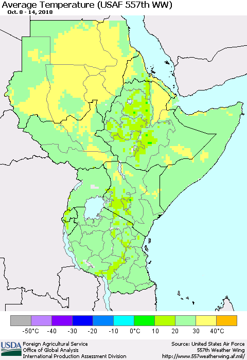 Eastern Africa Average Temperature (USAF 557th WW) Thematic Map For 10/8/2018 - 10/14/2018
