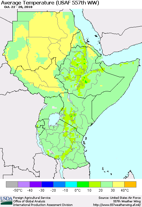 Eastern Africa Average Temperature (USAF 557th WW) Thematic Map For 10/22/2018 - 10/28/2018