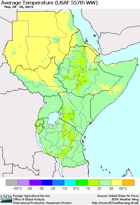 Eastern Africa Average Temperature (USAF 557th WW) Thematic Map For 5/20/2019 - 5/26/2019
