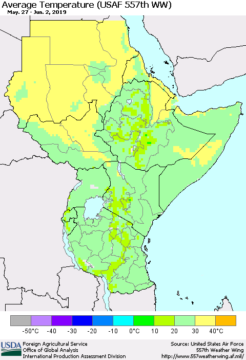 Eastern Africa Average Temperature (USAF 557th WW) Thematic Map For 5/27/2019 - 6/2/2019