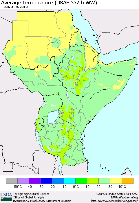 Eastern Africa Average Temperature (USAF 557th WW) Thematic Map For 6/3/2019 - 6/9/2019