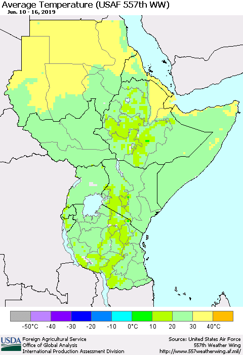 Eastern Africa Average Temperature (USAF 557th WW) Thematic Map For 6/10/2019 - 6/16/2019
