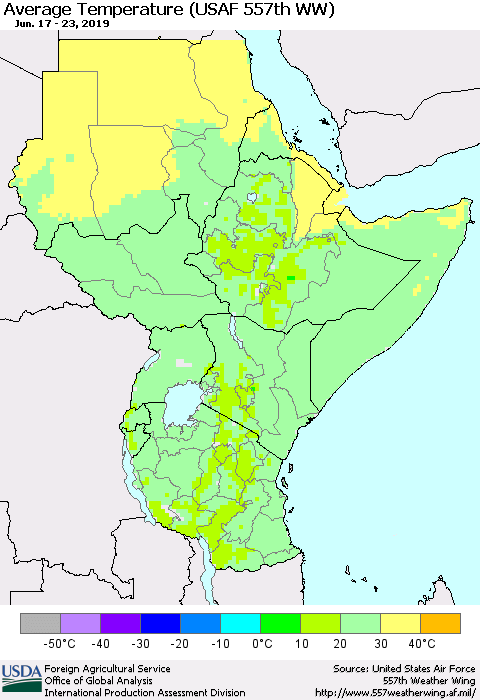 Eastern Africa Average Temperature (USAF 557th WW) Thematic Map For 6/17/2019 - 6/23/2019