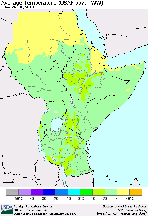 Eastern Africa Average Temperature (USAF 557th WW) Thematic Map For 6/24/2019 - 6/30/2019