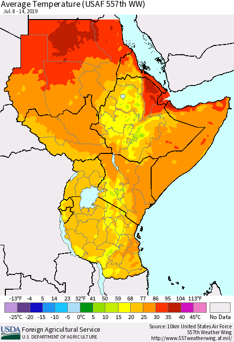 Eastern Africa Average Temperature (USAF 557th WW) Thematic Map For 7/8/2019 - 7/14/2019