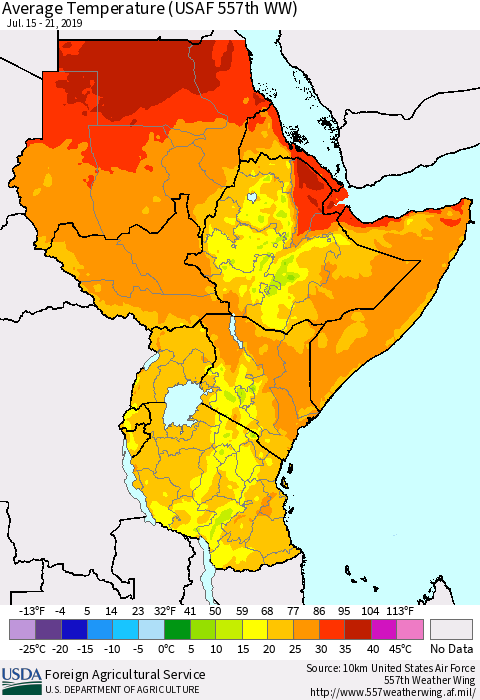 Eastern Africa Average Temperature (USAF 557th WW) Thematic Map For 7/15/2019 - 7/21/2019