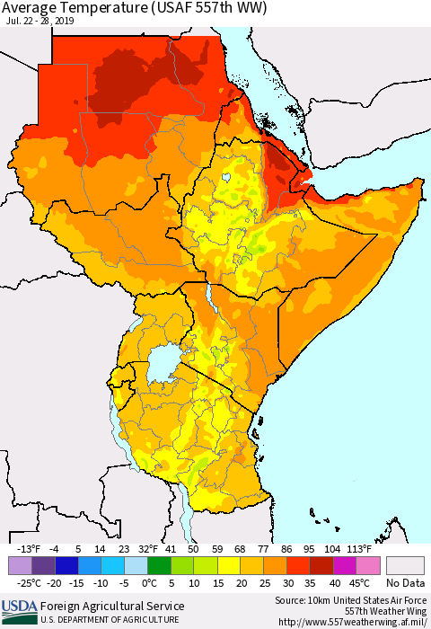 Eastern Africa Average Temperature (USAF 557th WW) Thematic Map For 7/22/2019 - 7/28/2019