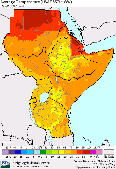 Eastern Africa Average Temperature (USAF 557th WW) Thematic Map For 7/29/2019 - 8/4/2019