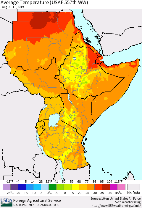 Eastern Africa Average Temperature (USAF 557th WW) Thematic Map For 8/5/2019 - 8/11/2019