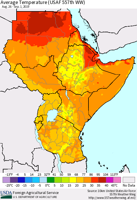 Eastern Africa Average Temperature (USAF 557th WW) Thematic Map For 8/26/2019 - 9/1/2019