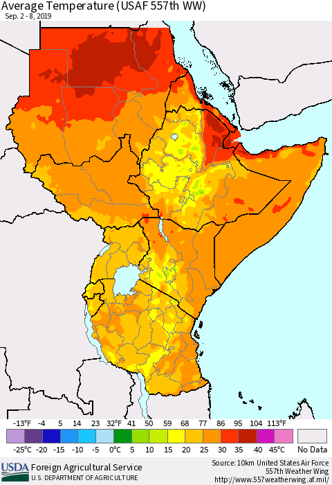 Eastern Africa Average Temperature (USAF 557th WW) Thematic Map For 9/2/2019 - 9/8/2019