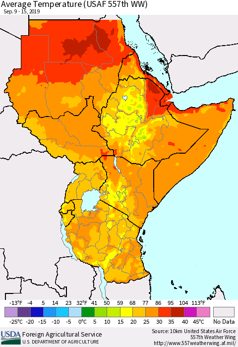 Eastern Africa Average Temperature (USAF 557th WW) Thematic Map For 9/9/2019 - 9/15/2019