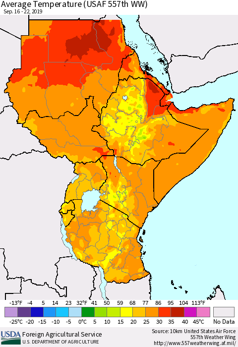 Eastern Africa Average Temperature (USAF 557th WW) Thematic Map For 9/16/2019 - 9/22/2019