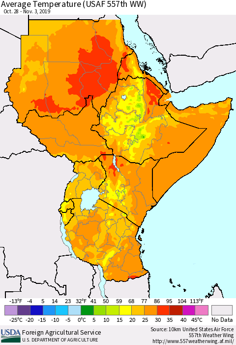 Eastern Africa Average Temperature (USAF 557th WW) Thematic Map For 10/28/2019 - 11/3/2019