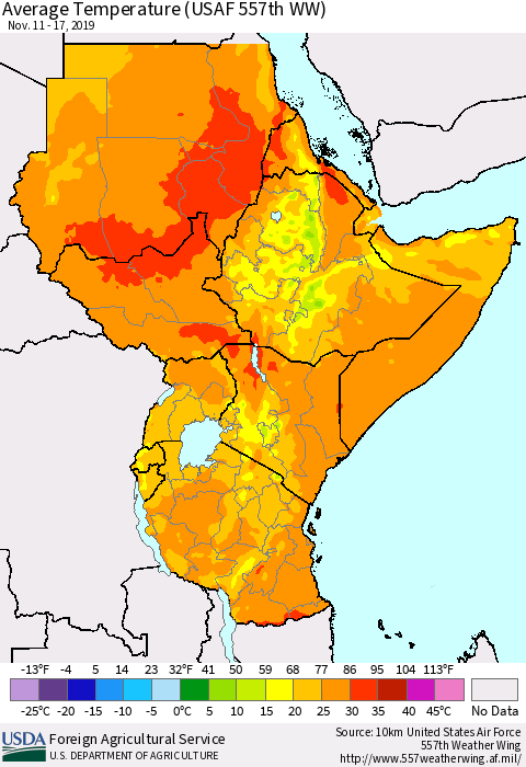 Eastern Africa Average Temperature (USAF 557th WW) Thematic Map For 11/11/2019 - 11/17/2019