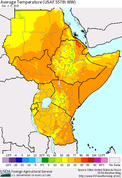 Eastern Africa Average Temperature (USAF 557th WW) Thematic Map For 12/2/2019 - 12/8/2019