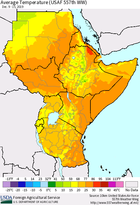 Eastern Africa Average Temperature (USAF 557th WW) Thematic Map For 12/9/2019 - 12/15/2019