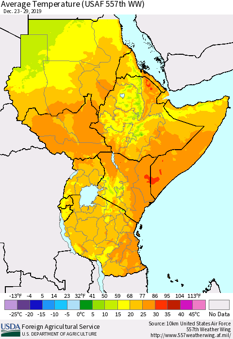Eastern Africa Average Temperature (USAF 557th WW) Thematic Map For 12/23/2019 - 12/29/2019