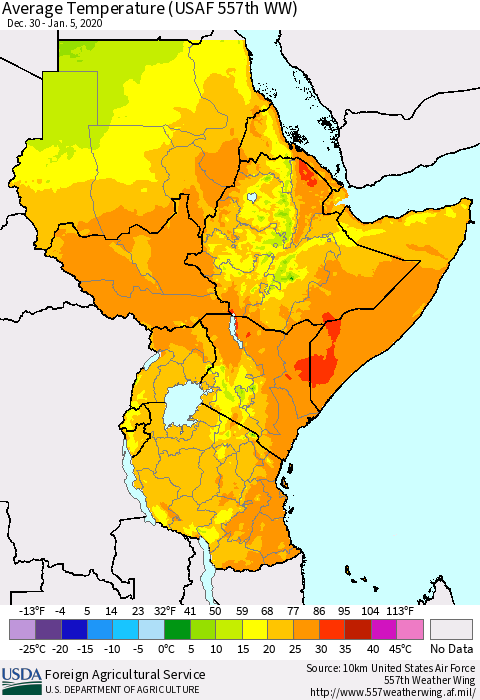 Eastern Africa Average Temperature (USAF 557th WW) Thematic Map For 12/30/2019 - 1/5/2020