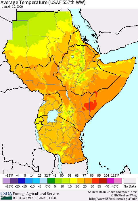 Eastern Africa Average Temperature (USAF 557th WW) Thematic Map For 1/6/2020 - 1/12/2020