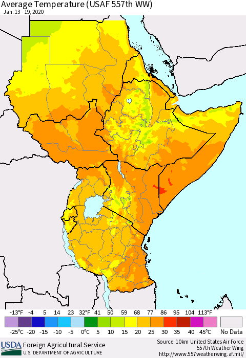 Eastern Africa Average Temperature (USAF 557th WW) Thematic Map For 1/13/2020 - 1/19/2020