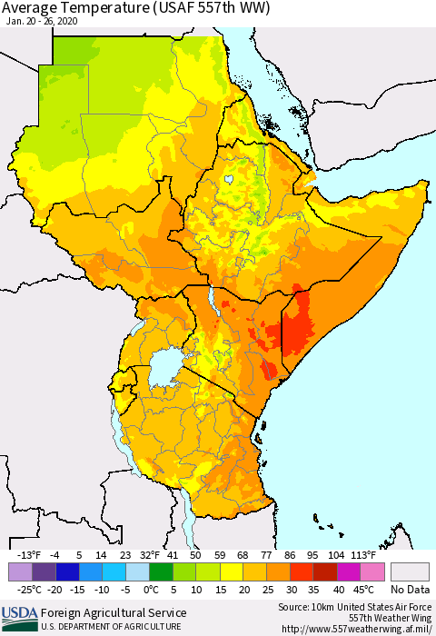 Eastern Africa Average Temperature (USAF 557th WW) Thematic Map For 1/20/2020 - 1/26/2020