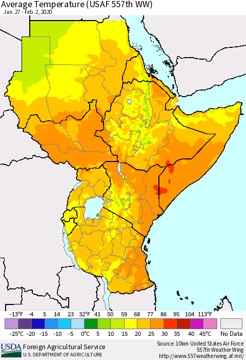 Eastern Africa Average Temperature (USAF 557th WW) Thematic Map For 1/27/2020 - 2/2/2020