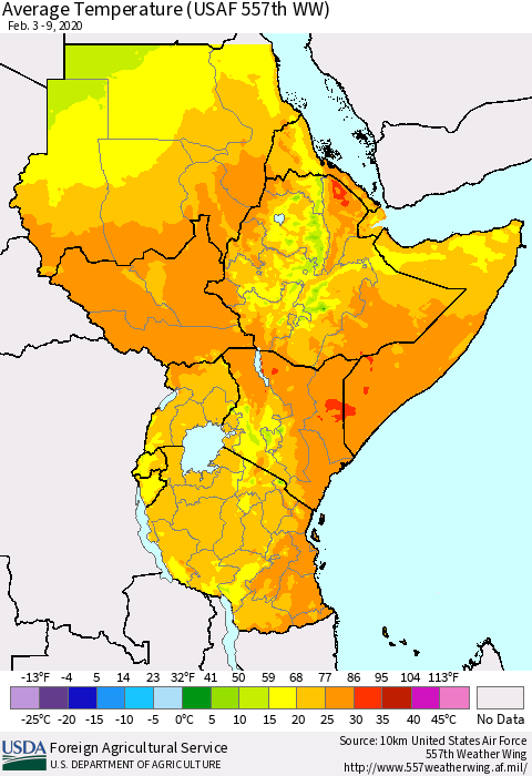 Eastern Africa Average Temperature (USAF 557th WW) Thematic Map For 2/3/2020 - 2/9/2020