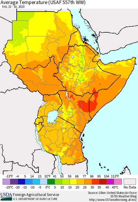Eastern Africa Average Temperature (USAF 557th WW) Thematic Map For 2/10/2020 - 2/16/2020