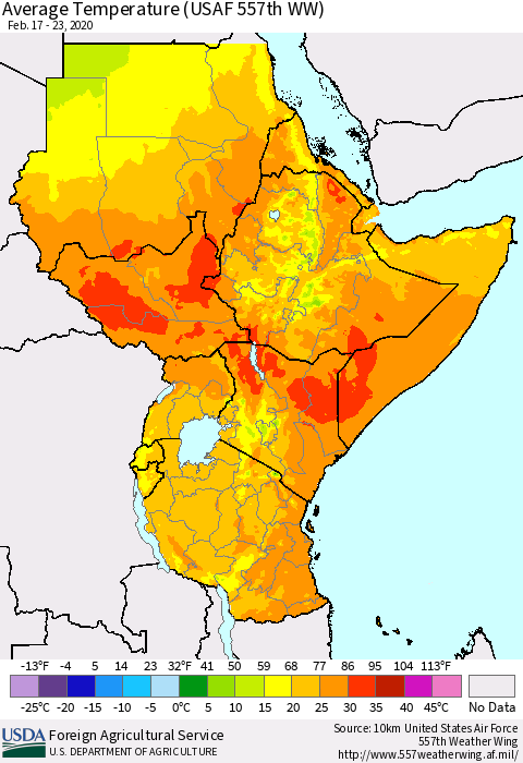 Eastern Africa Average Temperature (USAF 557th WW) Thematic Map For 2/17/2020 - 2/23/2020