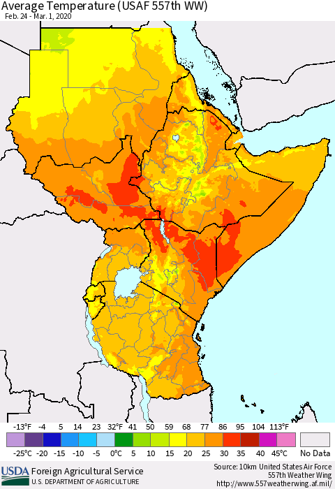 Eastern Africa Average Temperature (USAF 557th WW) Thematic Map For 2/24/2020 - 3/1/2020